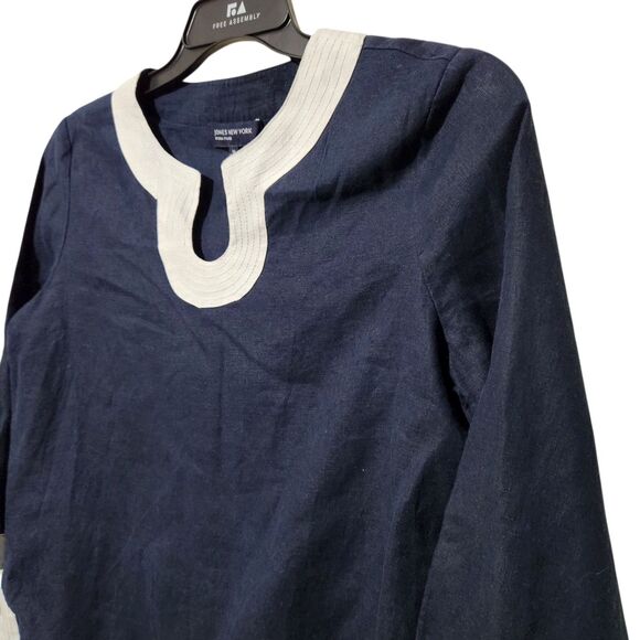 Jones New York Linen Blouse Size Medium Navy Blue Color 100% Linen - Picture 2 of 10